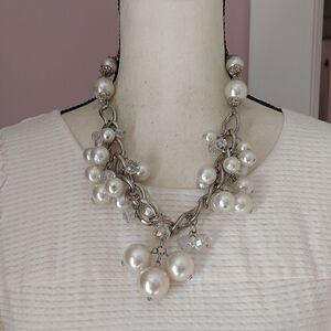 Clear Faceted Beads and Faux Pearls Cluster Silver Tone Necklace